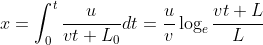 x=\int_{0}^{t}\frac{u}{vt+L_0}dt=\frac{u}{v}\log_{e}{\frac{vt+L}{L}}